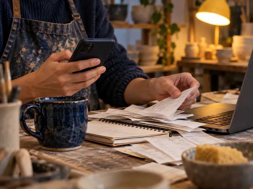 Hands holding a phone and leafing through a pile of receipts beside a laptop, a notebook and a blue mug