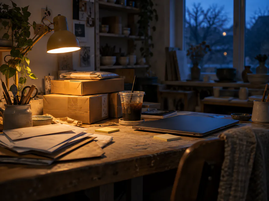 A workbench at dusk with envelopes, sticky notes, shipping boxes, a cold coffee and a closed laptop