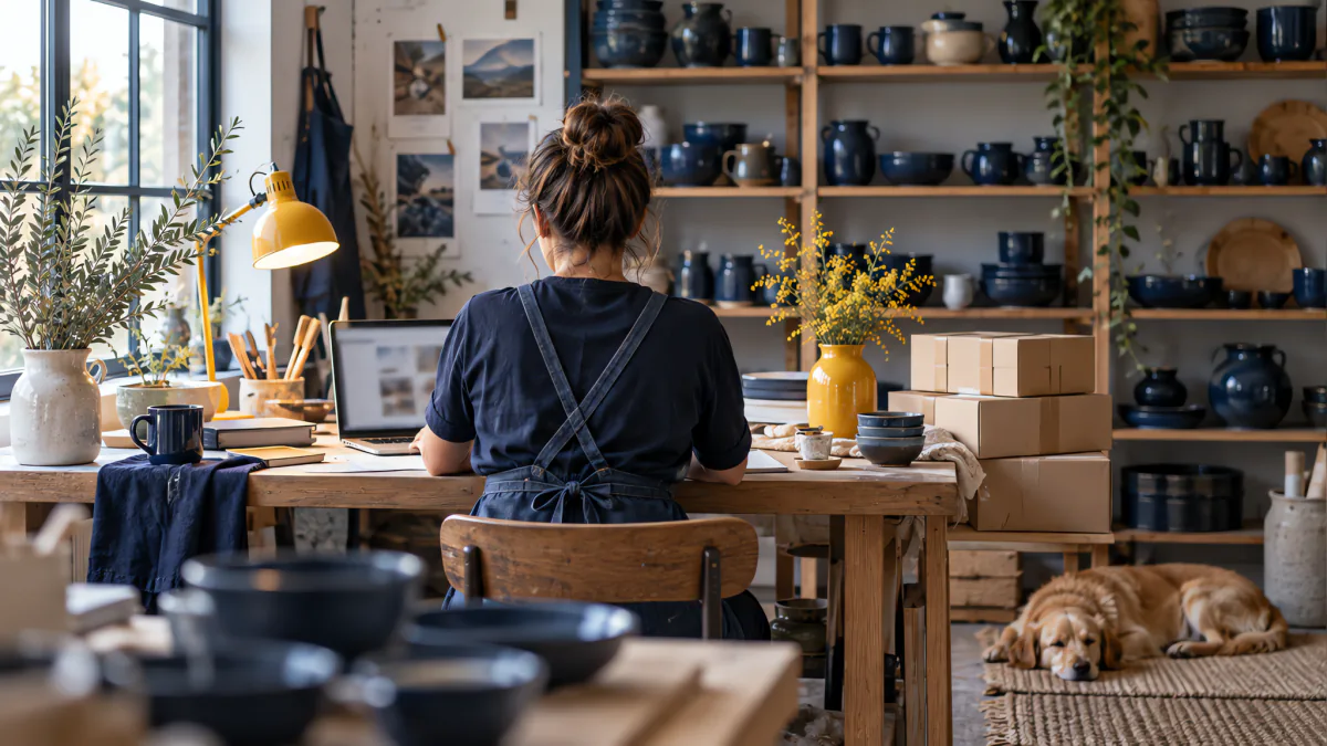 The potter, seen from behind, works on a laptop in a tidy studio with shelves of blue pottery and a sleeping dog