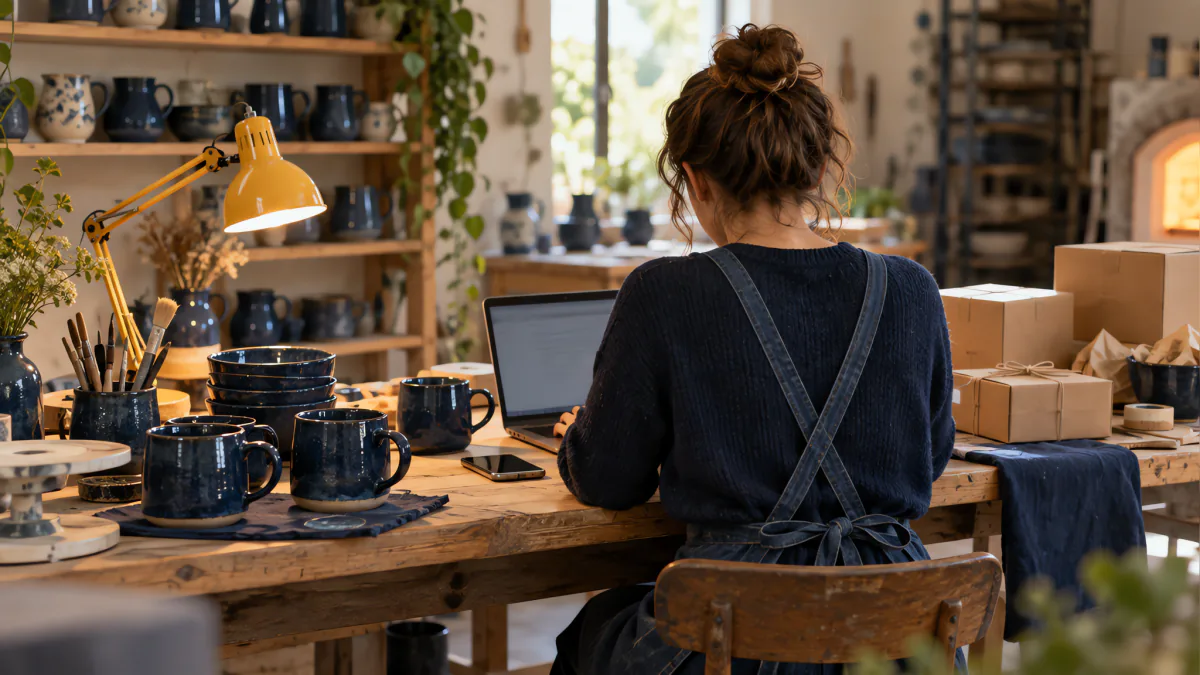 A potter, seen from behind, works on a laptop in her studio among navy mugs and parcels ready to ship