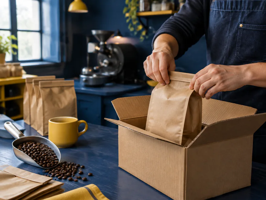 Manos meten una bolsa de café de papel en una caja de cartón, junto a una taza amarilla y un cacillo con granos