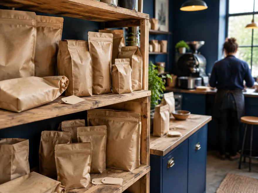 Estantería de madera con bolsas de café sin etiqueta y etiquetas sueltas; al fondo, una persona de espaldas en el obrador