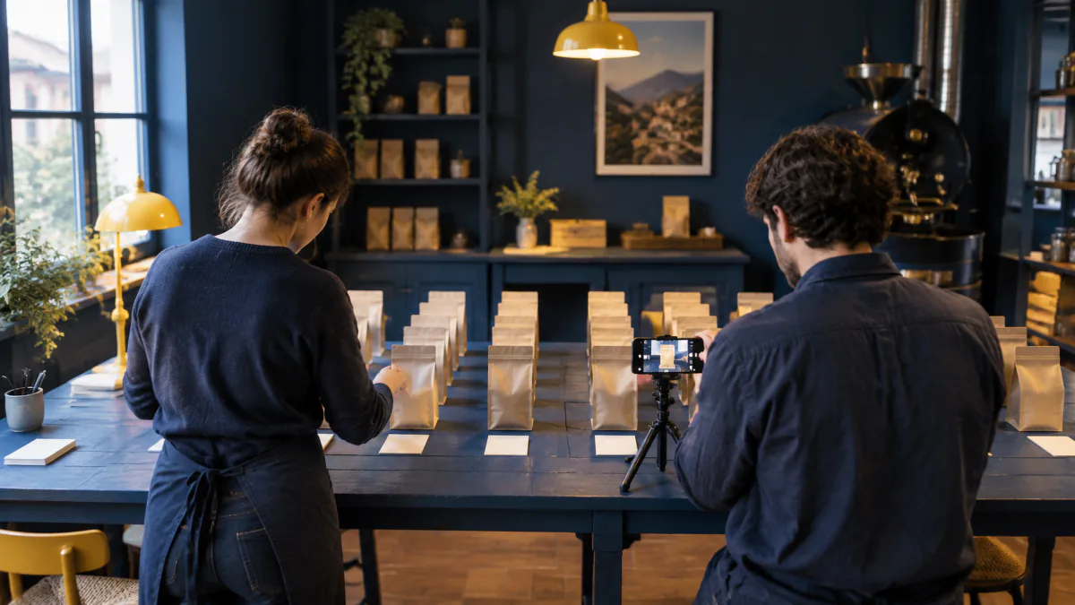 Dos personas, de espaldas, ordenan bolsas de café en filas sobre una mesa azul y fotografían una con un móvil en trípode