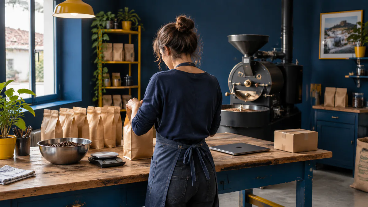 Mujer de pie, de espaldas, llena bolsas de café en una mesa de madera junto a un tostador, un portátil cerrado y una caja