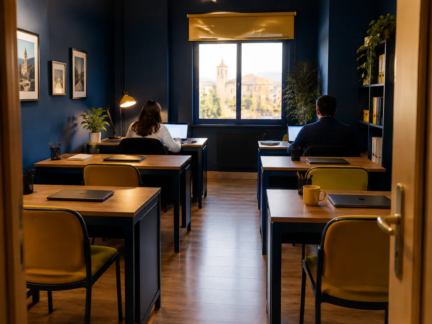Oficina con seis mesas vista desde la puerta: dos personas trabajan de espaldas y las demás mesas tienen el portátil cerrado