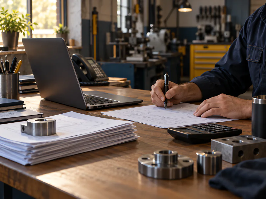 Hands writing a quote on paper next to a laptop, printed orders and machined parts