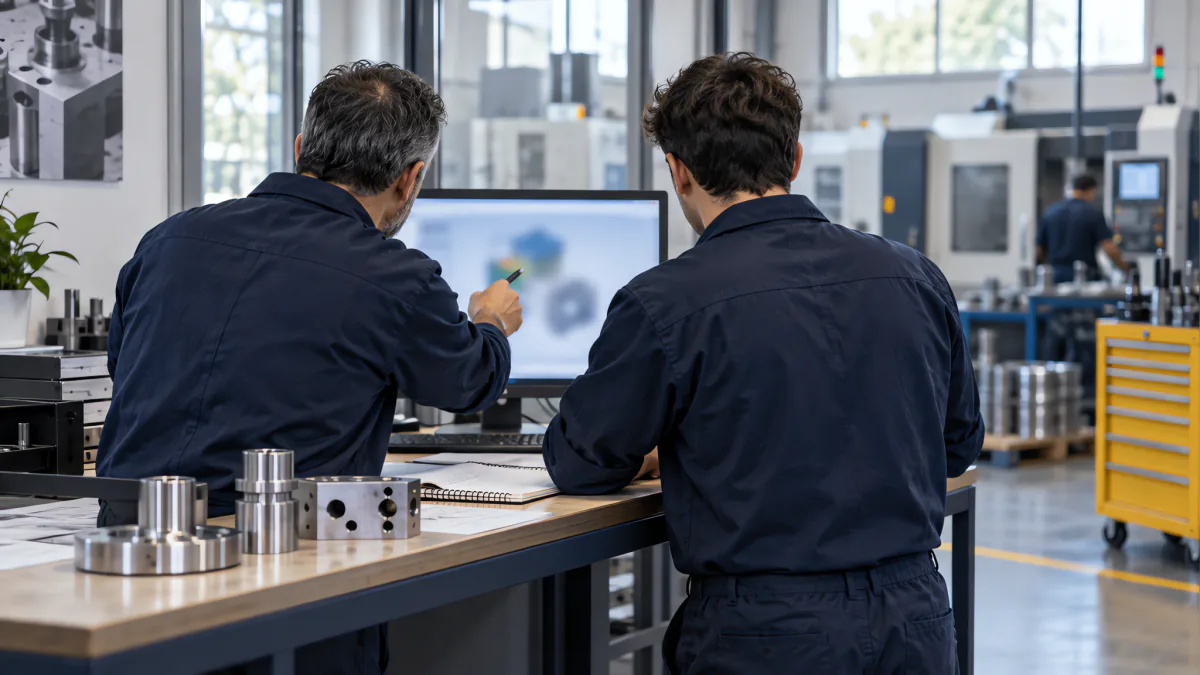 Two people seen from behind review a screen together in the workshop office