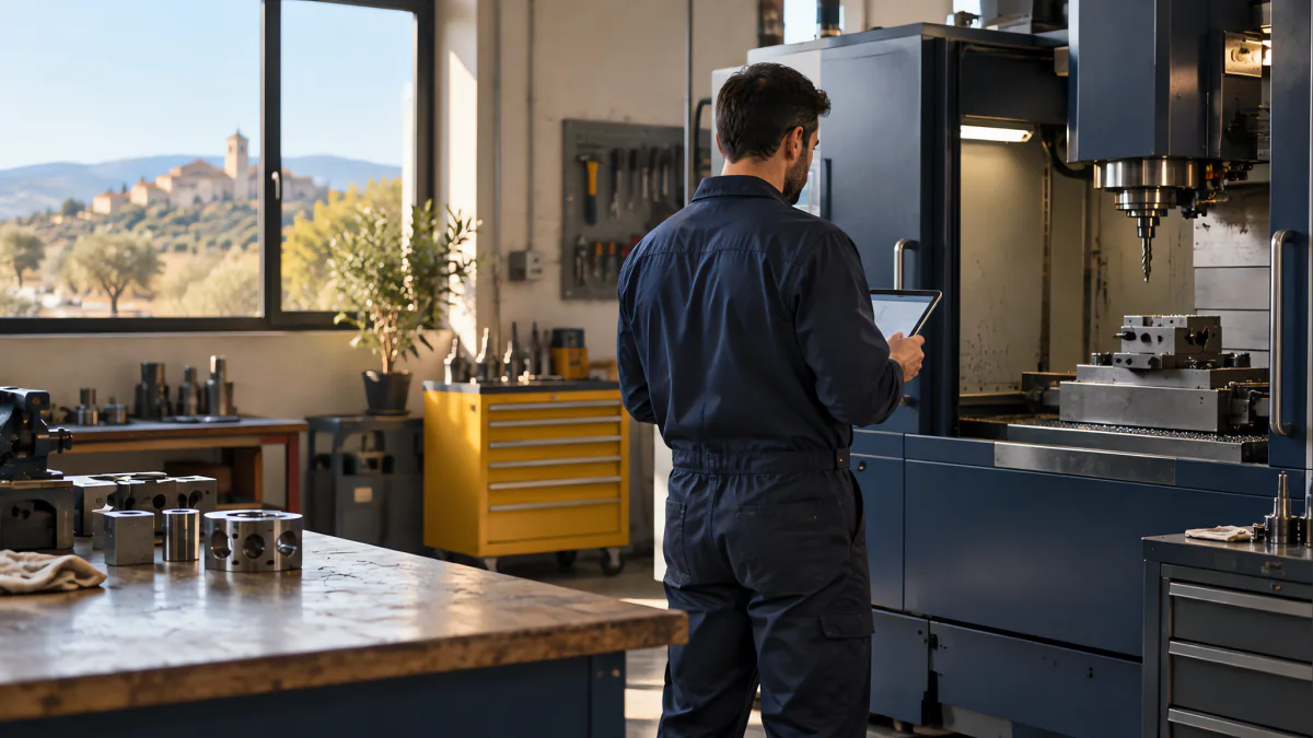 A machinist seen from behind in a metalworking shop checks a tablet next to a milling machine