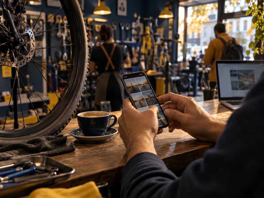 Manos que sujetan un móvil con fotos de bicicletas junto a una taza de café y una rueda en el mostrador de la tienda
