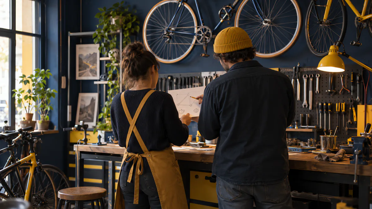 Dos personas de espaldas revisan una hoja en alto junto al banco del taller, con bicis colgadas en la pared azul