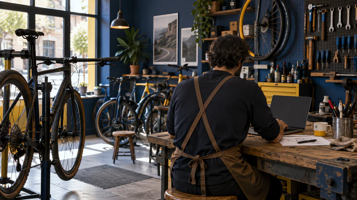 Dueño de una tienda de bicicletas, de espaldas, escribe en un portátil en el banco de trabajo del taller
