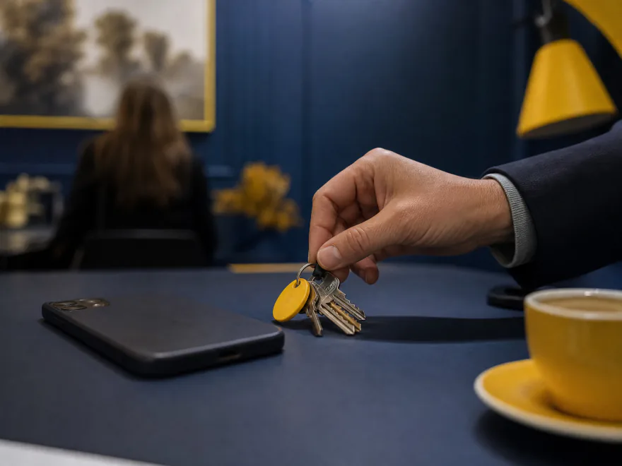 Una mano deja unas llaves con llavero amarillo junto a un móvil boca abajo y un café; al fondo, una compañera sentada