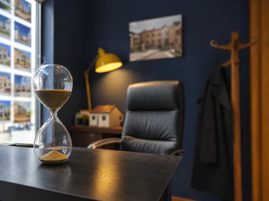 Reloj de arena sobre una mesa oscura; detrás, un sillón vacío, un perchero con un abrigo y fotos de pisos en el escaparate
