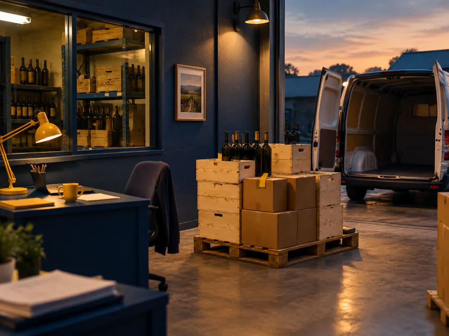 Cajas de vino y de cartón sobre un palé, junto a una furgoneta vacía con las puertas traseras abiertas, al anochecer