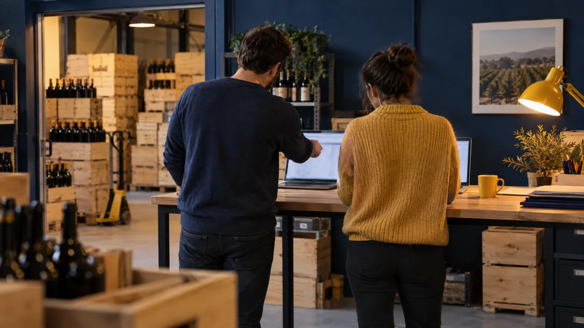 Un hombre y una mujer de pie, de espaldas, miran dos portátiles en una mesa alta; él señala uno. Al fondo, cajas de vino