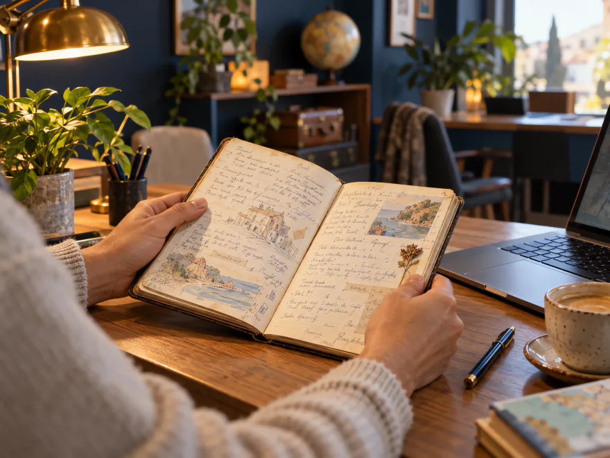 Manos que sostienen un cuaderno abierto con notas y dibujos de viajes junto a un portátil y un café