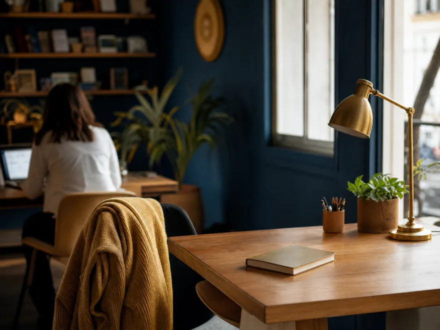 Mesa vacía con una chaqueta de punto en la silla y un cuaderno cerrado; al fondo, una compañera con su portátil