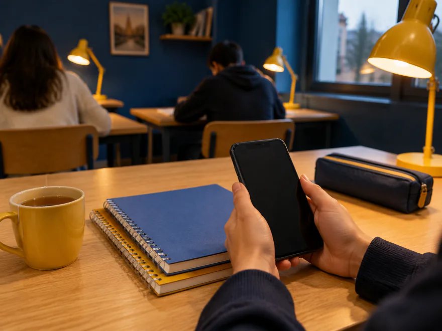 Manos sostienen un móvil sobre unos cuadernos de espiral y una taza amarilla; al fondo, alumnos de espaldas estudian