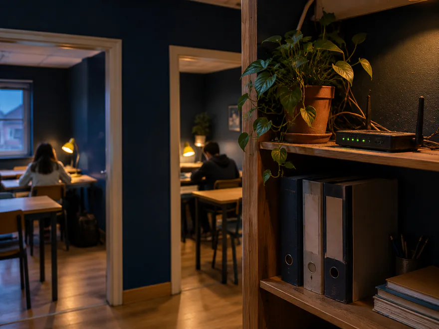 Estantería con un router de luces verdes, una planta y archivadores; al fondo, dos aulas con alumnos sentados