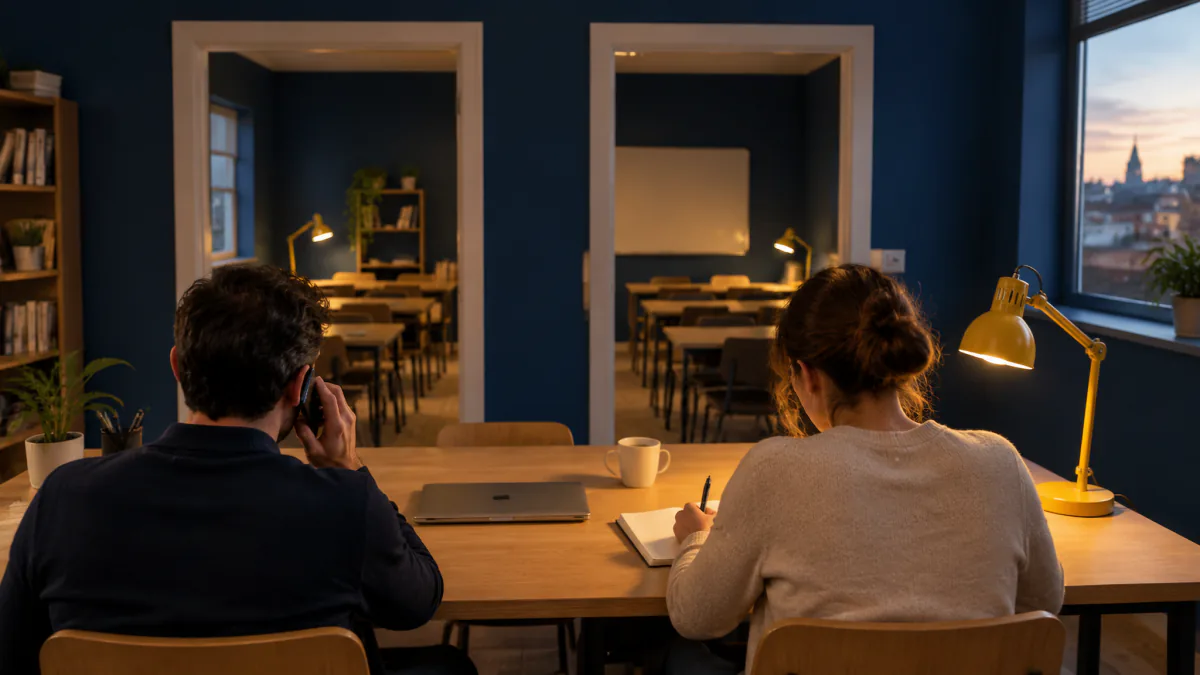 Un hombre habla por teléfono y una mujer toma notas en un cuaderno, sentados de espaldas a una mesa con un portátil cerrado