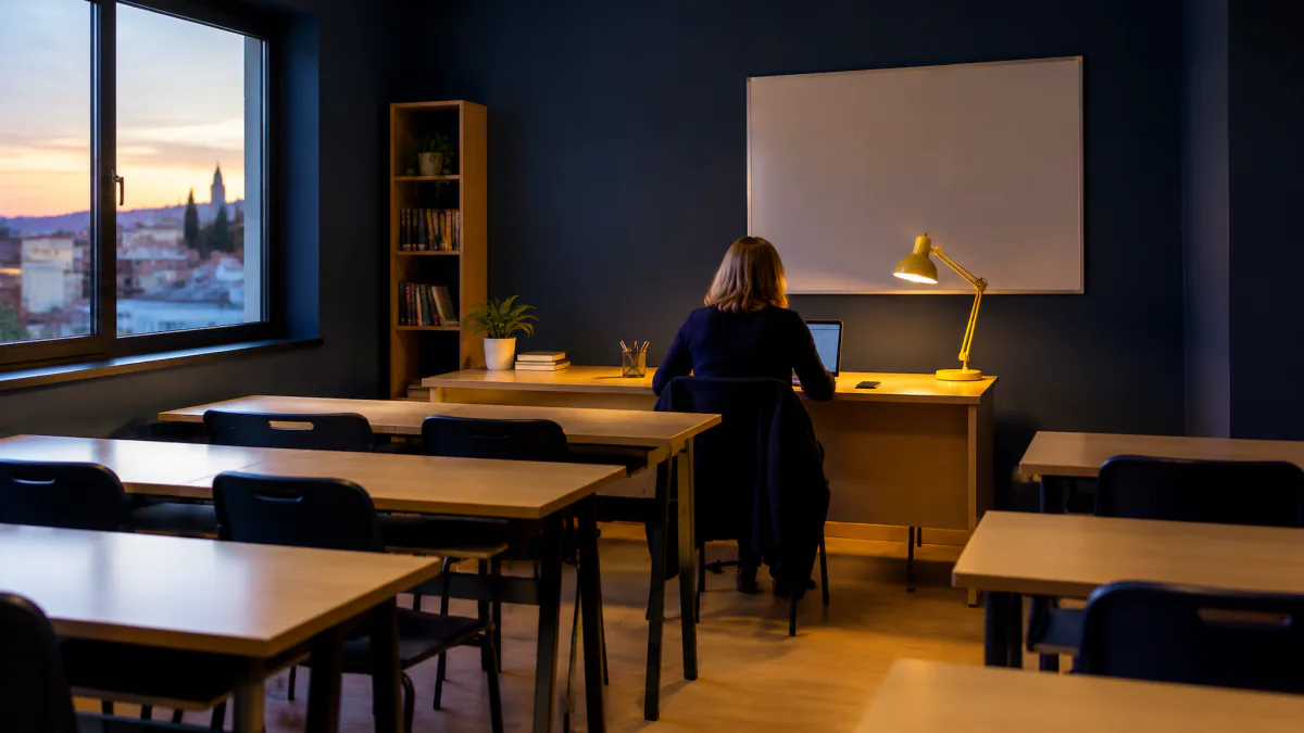 Mujer sentada de espaldas ante un portátil en la mesa del profesor de un aula vacía, junto a un flexo amarillo