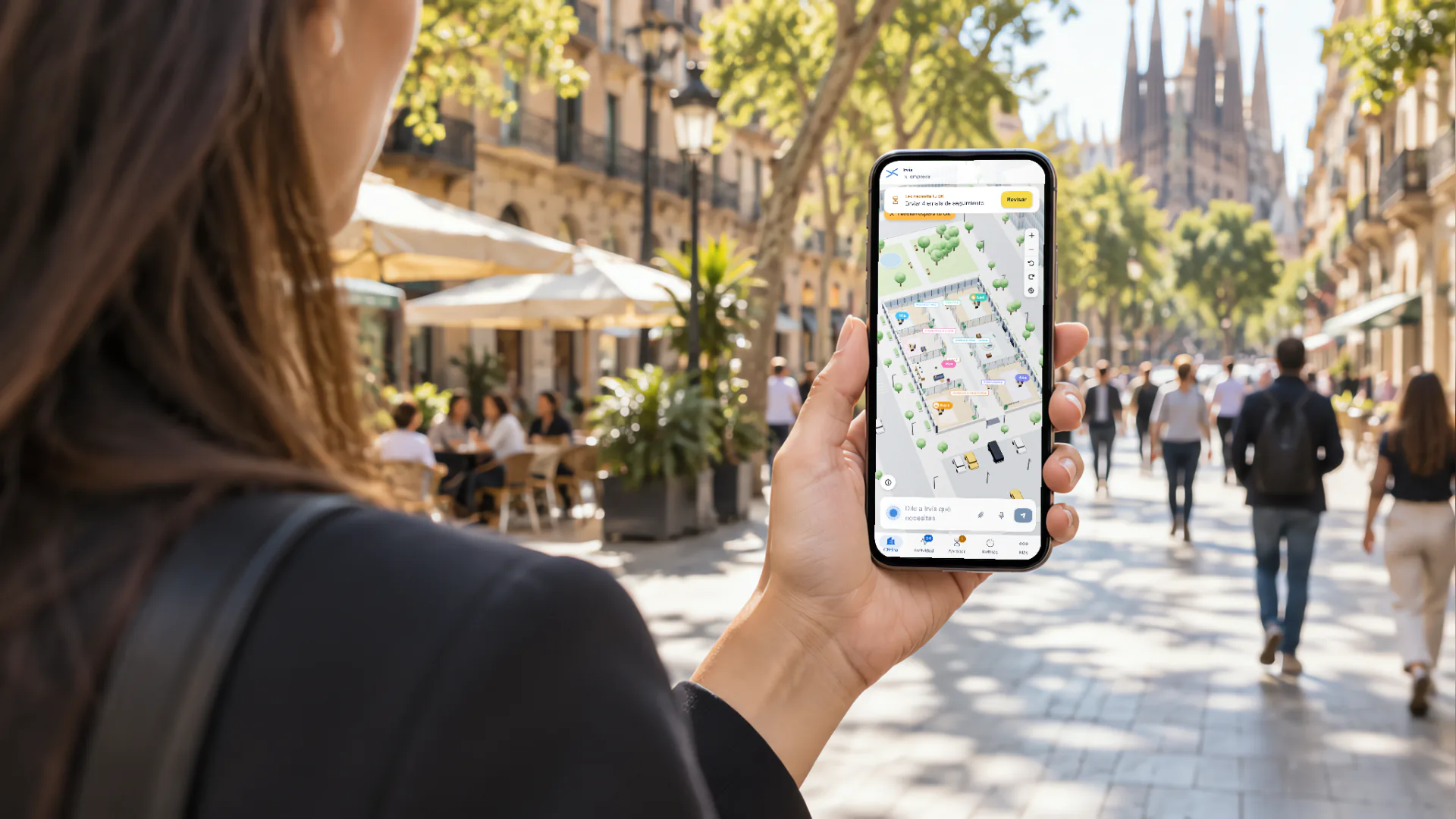 A person runs their Irvis virtual office from their phone while walking down the street
