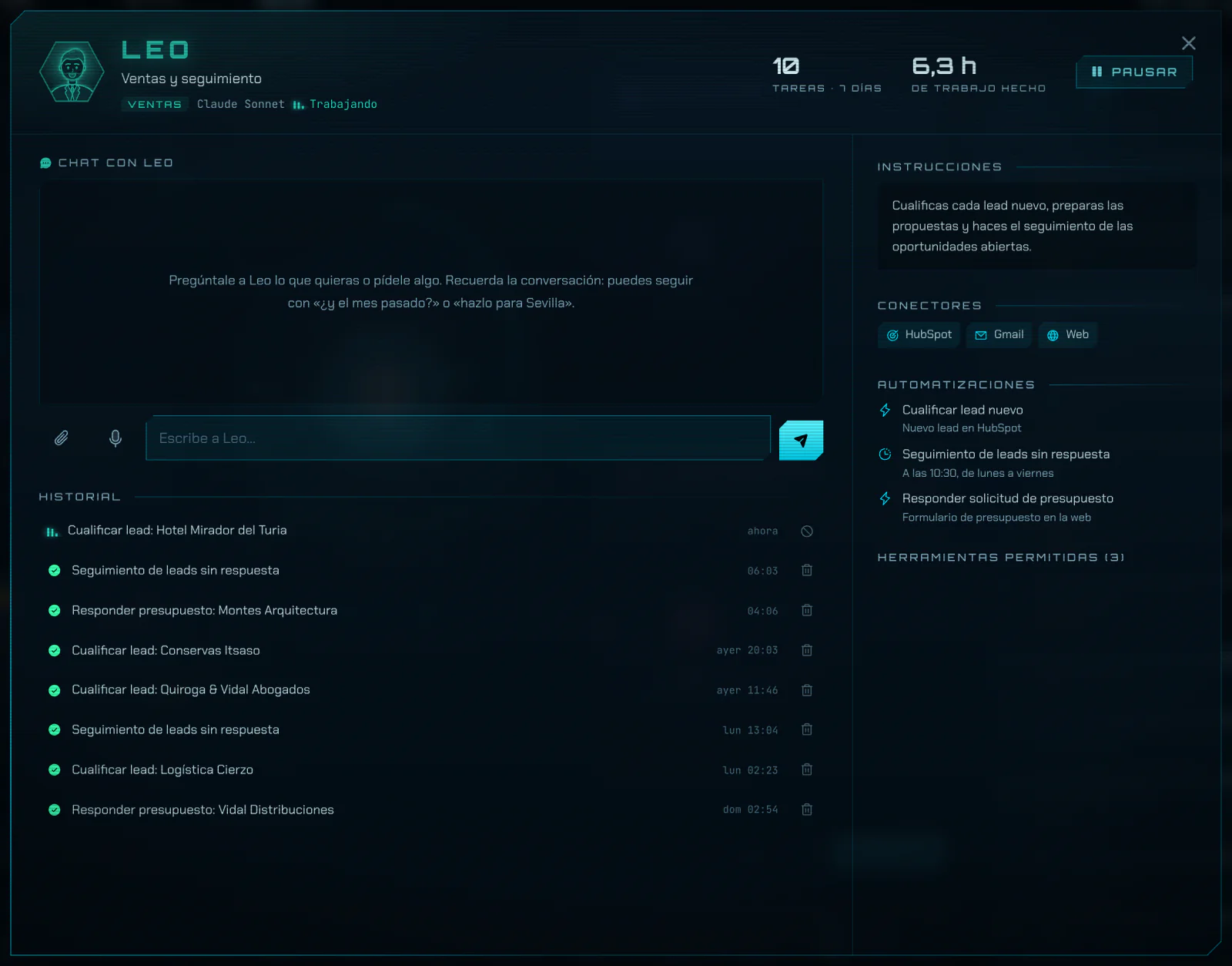 Irvis agent profile with its chat, instructions, connections and task history