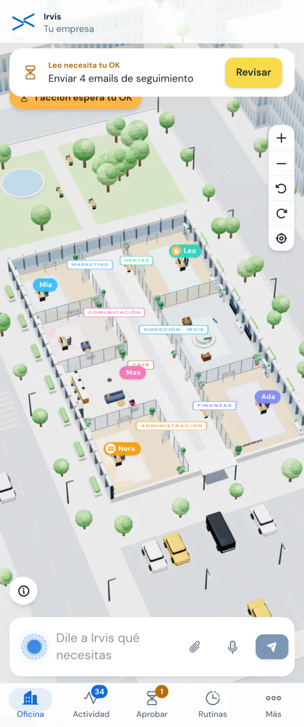 Irvis on a phone, 3D office view, with a pending approval notification