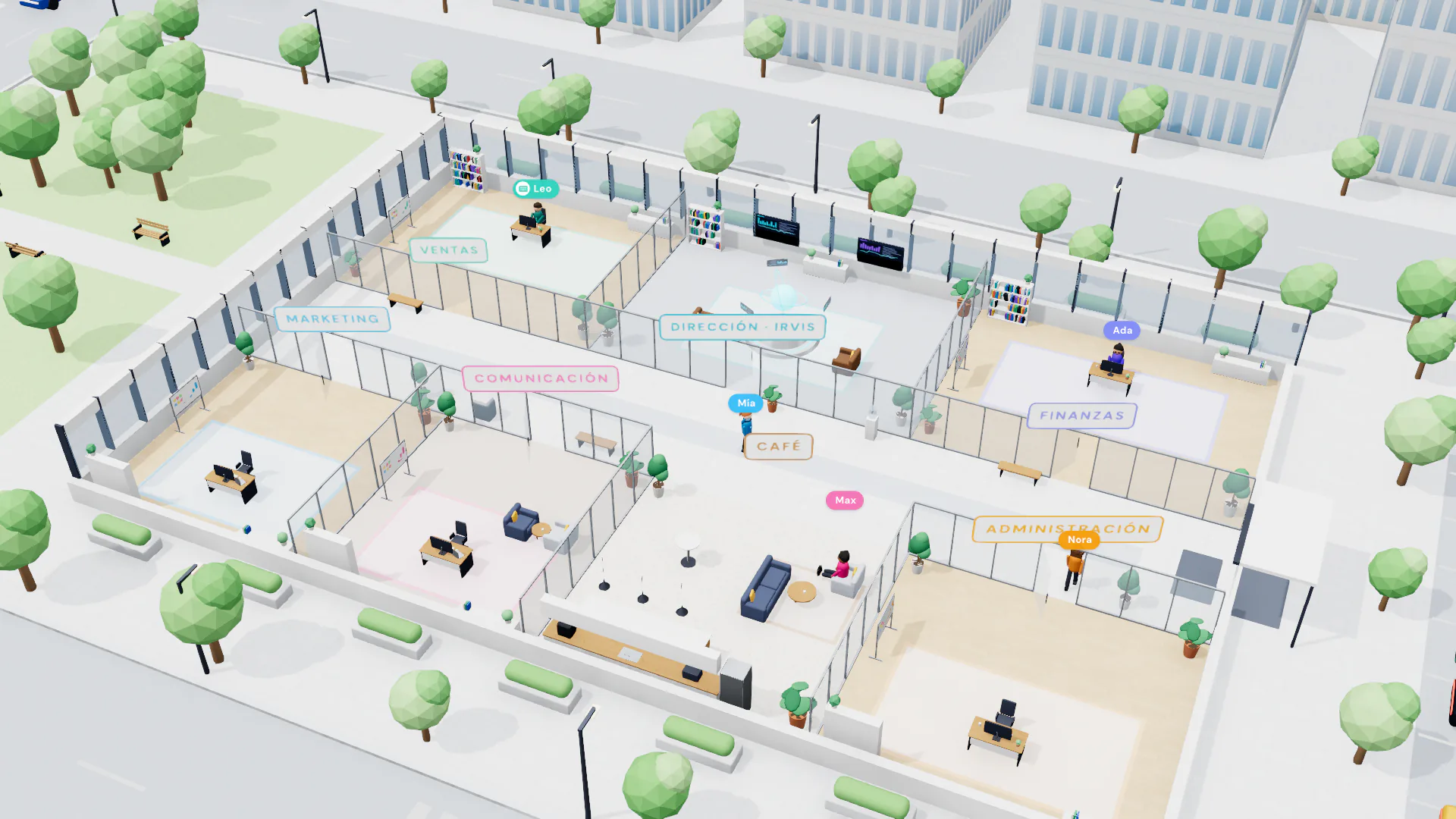 3D virtual office with the Sales, Finance, Marketing, Communications and Admin rooms