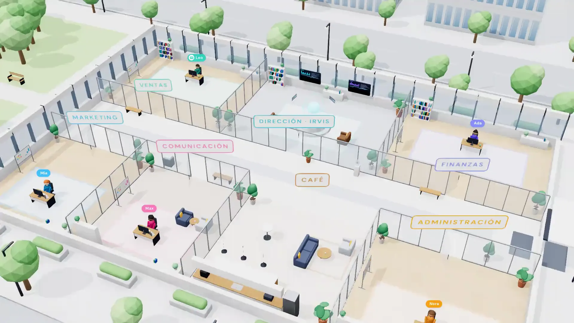 Irvis 3D virtual office with five AI agents working in their rooms