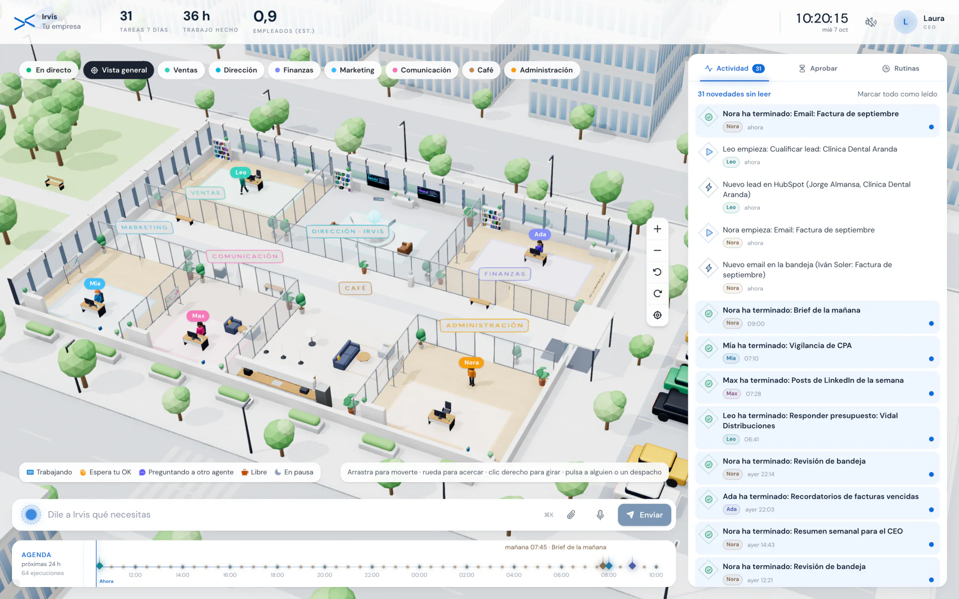 Irvis on a computer, 3D office view: the rooms in 3D, the agents' activity and the bar to talk to Irvis