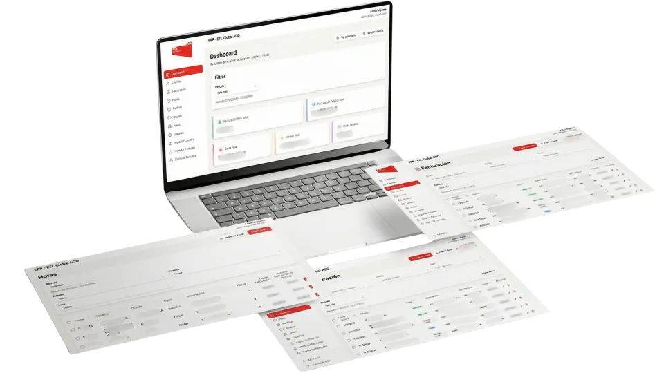 ETL's ERP on a laptop, with its dashboard and screens for hours and invoicing