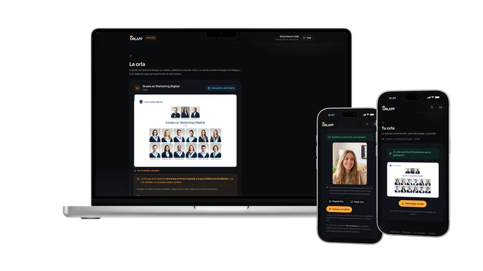 Orlapp on a laptop and two phones, showing a class composite and a student's selfie